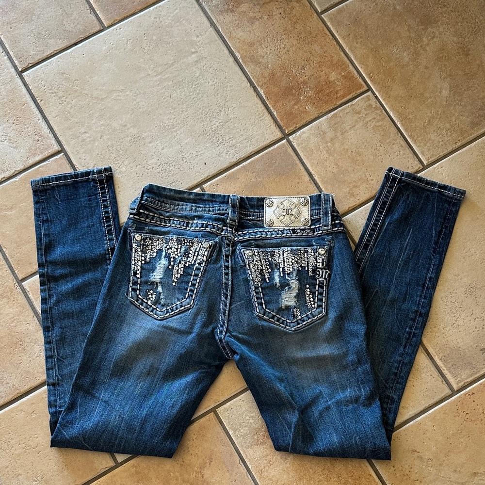 Miss Me Dark Blue Skinny Jeans with Silver Accents